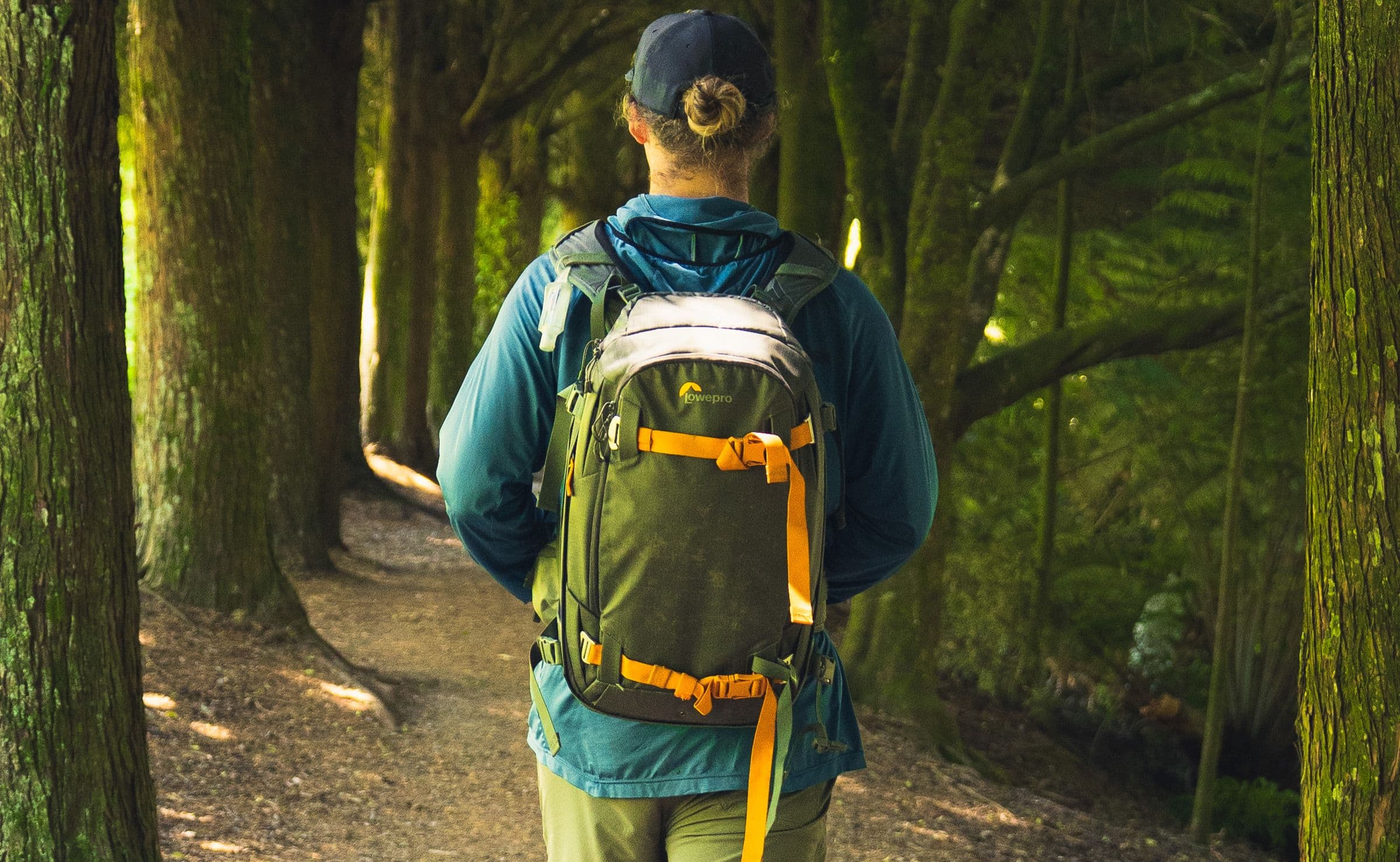 Back view of a hiker wearing a large camera backpack with orange straps on a forest trail.
